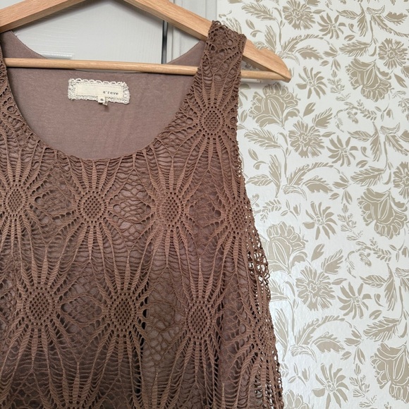 A’Reve Brown Crochet Overlay Tunic Tank Top Sz S – Boho Y2K Layered Look - Picture 2 of 5